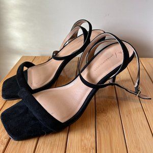 Anthropologie Maeve Square Toe Ankle Strap Black Suede Heels Size US 8 UK 5 EU 8